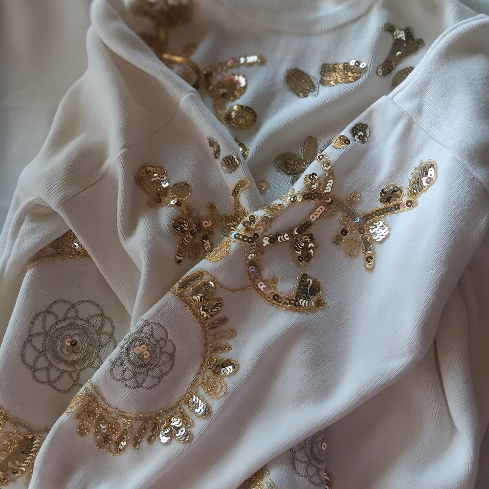 White Sweater with Gold Sequin Embellishments